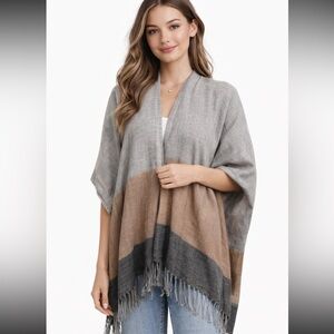 LOFT Gray and Brown Open Front Poncho